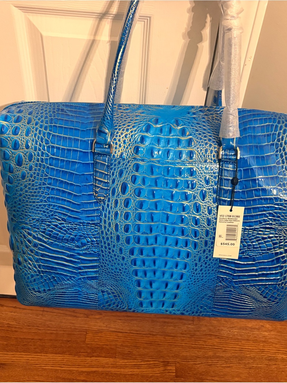 Brahmin Electric Blue Croc-Embossed Duxbury Weekender